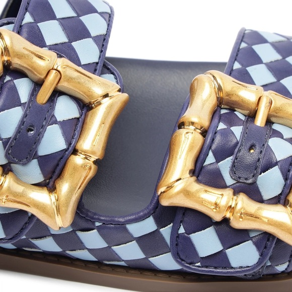 SCHUTZ Enola Sporty Blue Leather Bamboo Gold Buckle Sandal Slide 8.5 - Picture 3 of 11